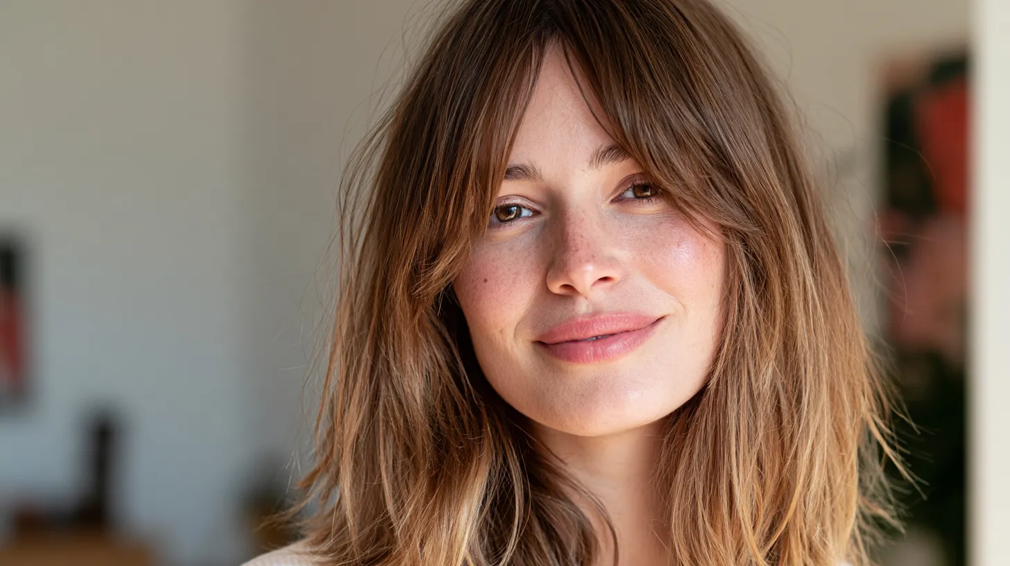 Quick heatless curtain bang styling on second day hair, smiling woman portrait