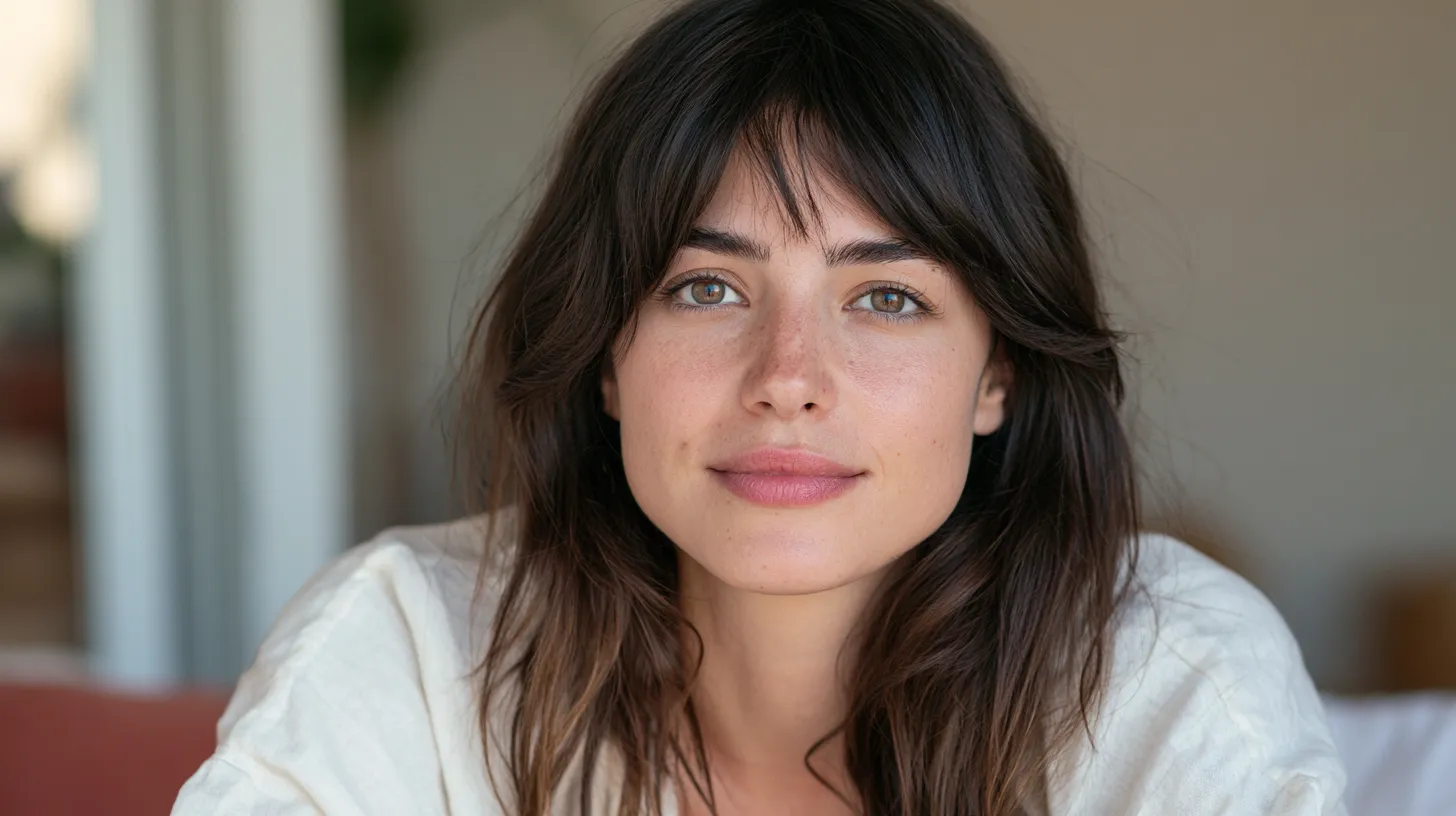 Second day curtain bangs styled without blowdryer, natural parted look