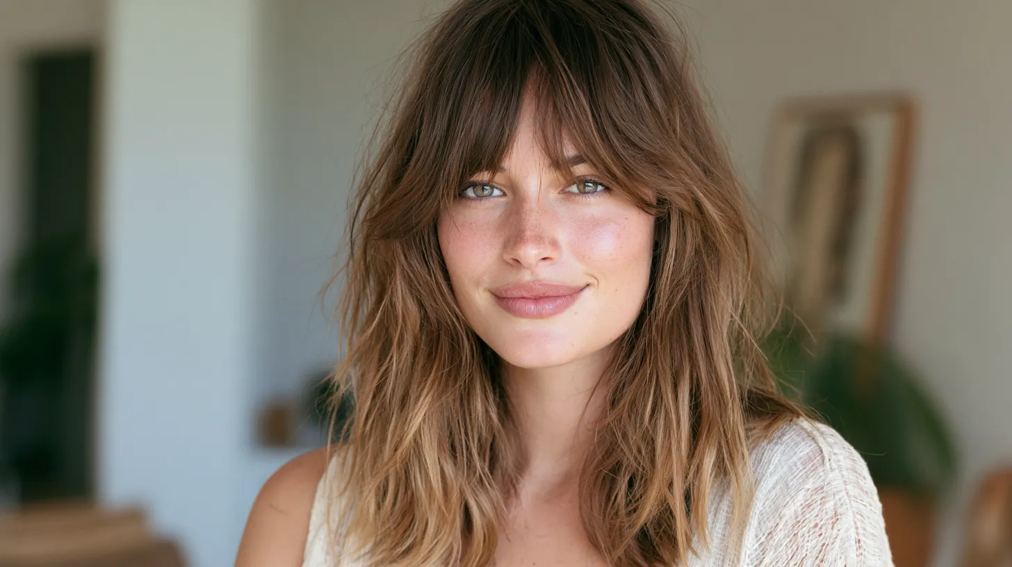 Second day heatless curtain bangs morning result, shoulder length editorial photo