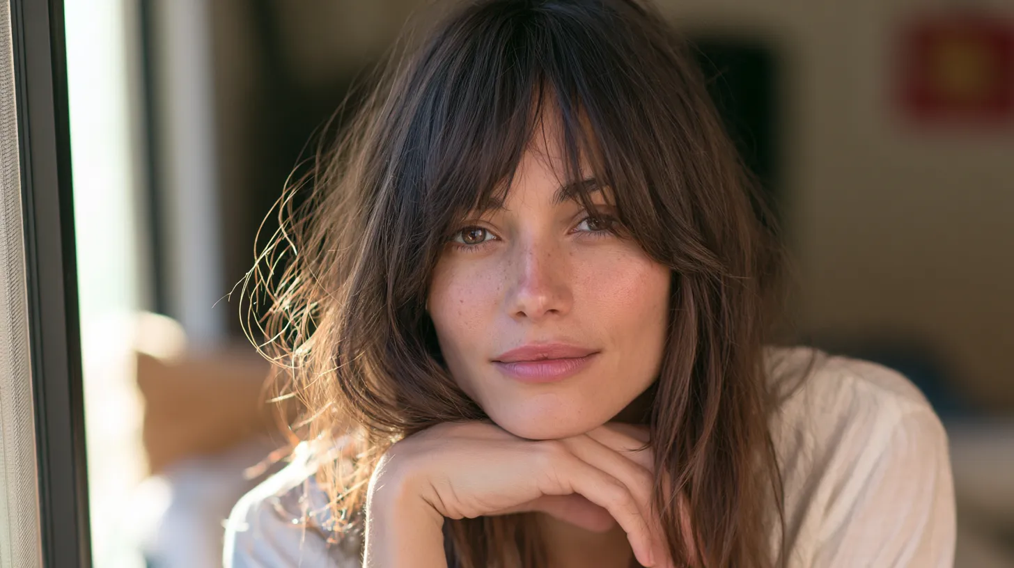 Curtain bangs on unwashed second day hair styled heatless, editorial portrait