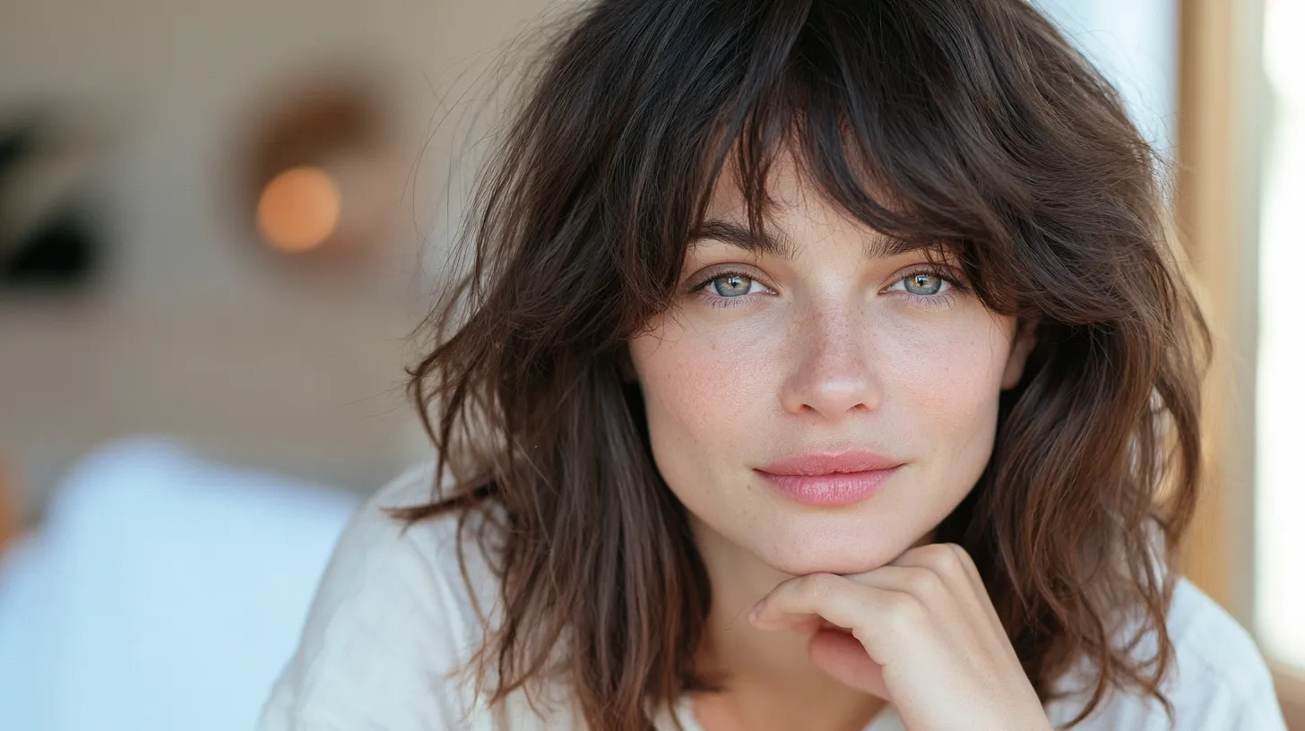 Woman with brunette curtain bangs styled on second day hair without heat, morning light