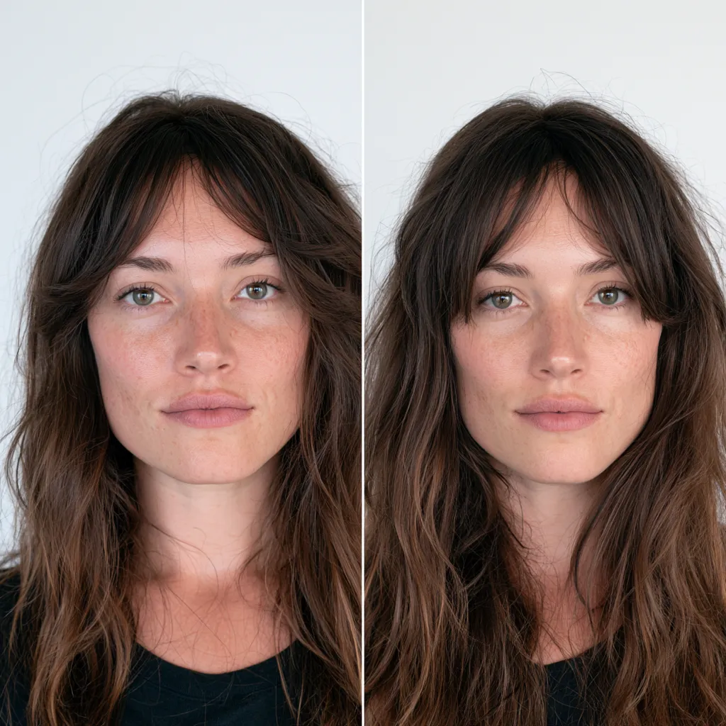 How to style curtain bangs without heat on second day hair — before and after result