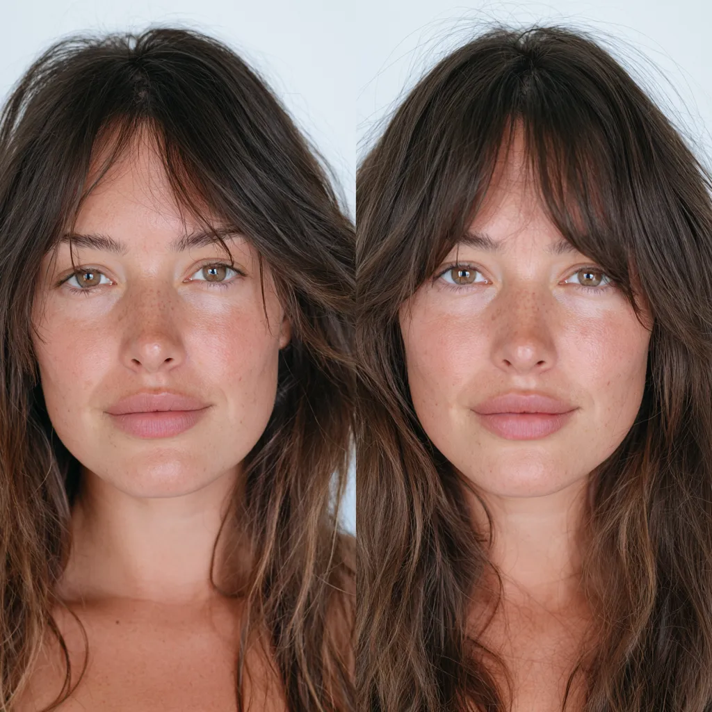 Second day curtain bangs revival without blowdryer, real woman before after comparison