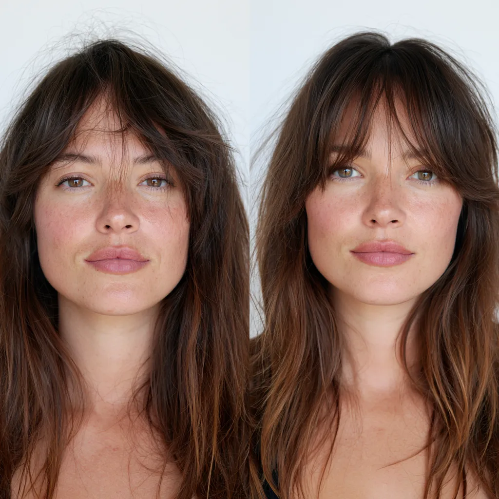 Before and after curtain bangs second day hair styled without heat, medium brown hair