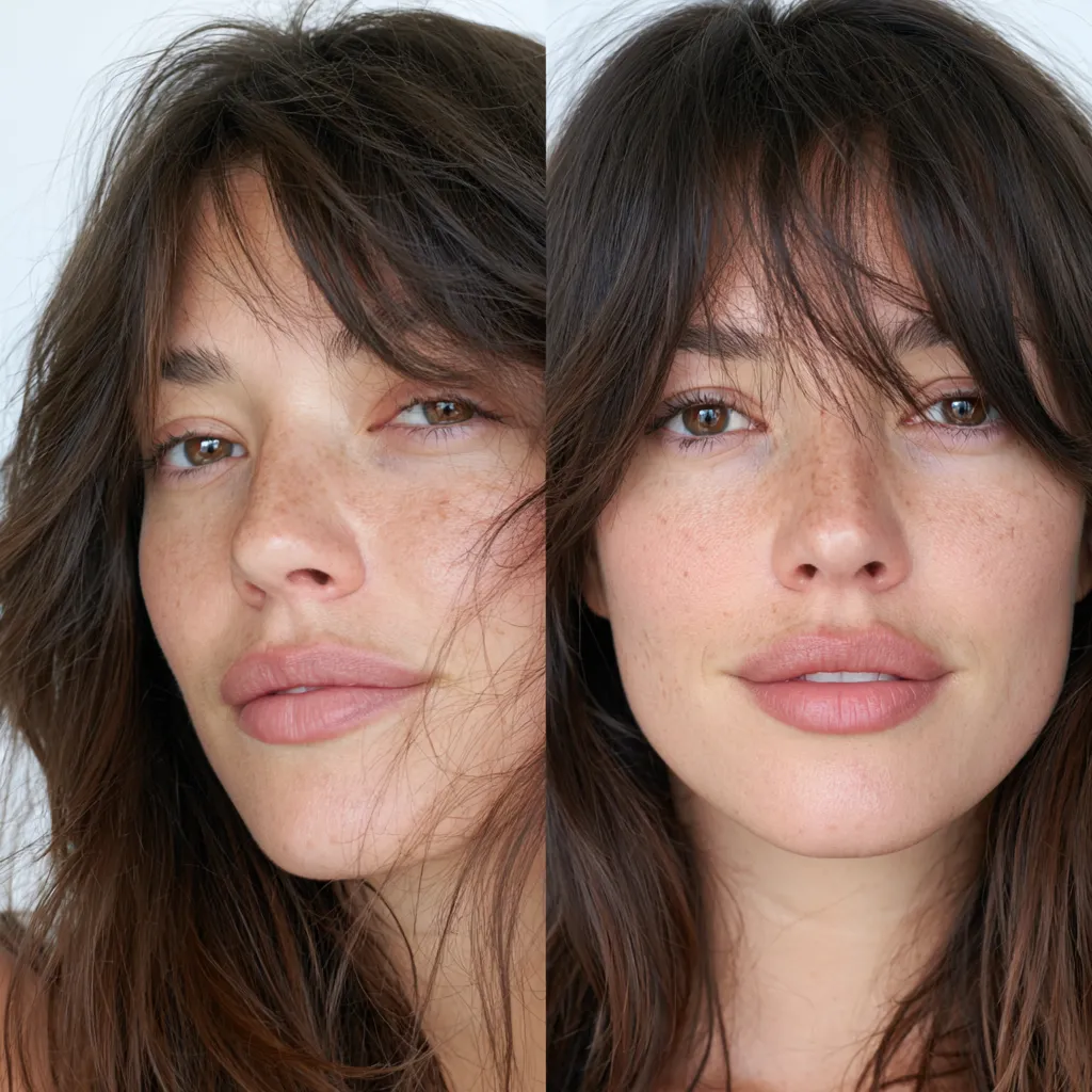 Heatless curtain bangs transformation on second day hair, before and after portrait