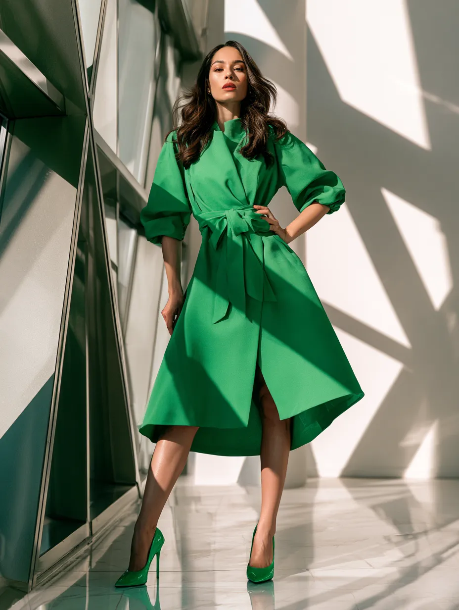 Hourglass body type woman in emerald green wrap dress with defined waist