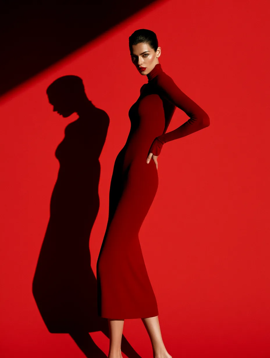 Hourglass body shape woman in fitted red midi dress with defined waist