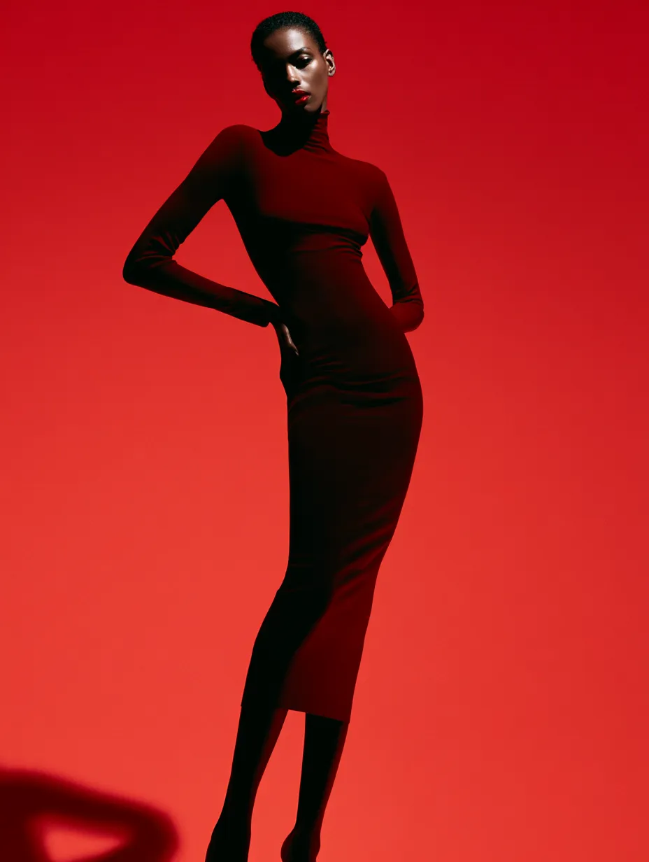 Women with hourglass silhouette wearing waist-defining midi dress standing pose