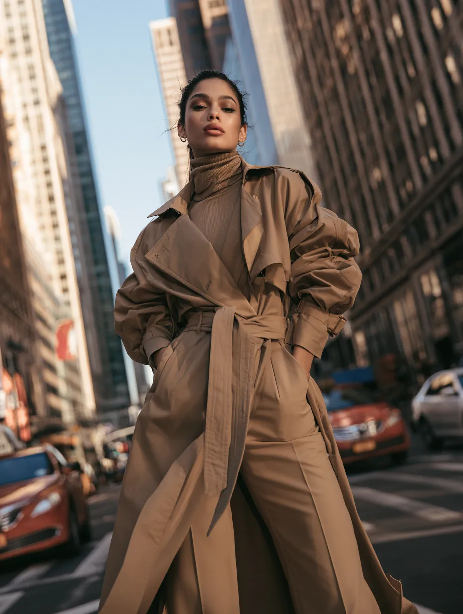 Hourglass body shape women outfit with belted trench coat and tailored trousers