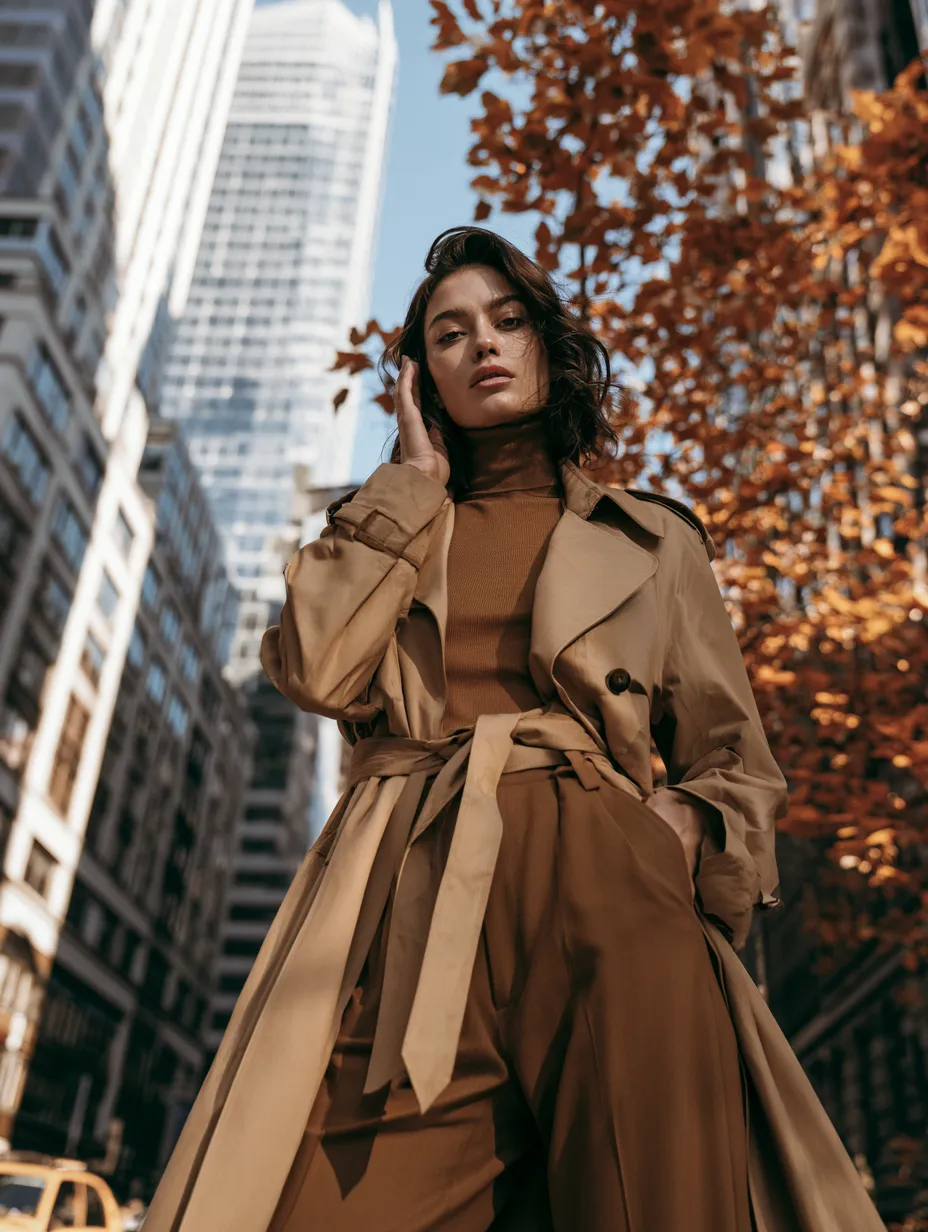 Hourglass figure fall outfit idea belted coat and fitted turtleneck look