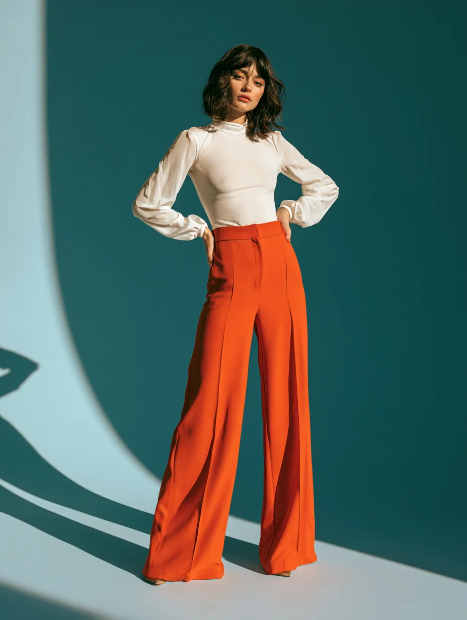 Hourglass body shape outfit with high-waisted wide-leg trousers and tucked blouse