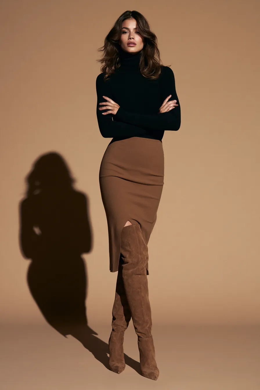 Falda midi corte lápiz con medias y botas hasta rodilla