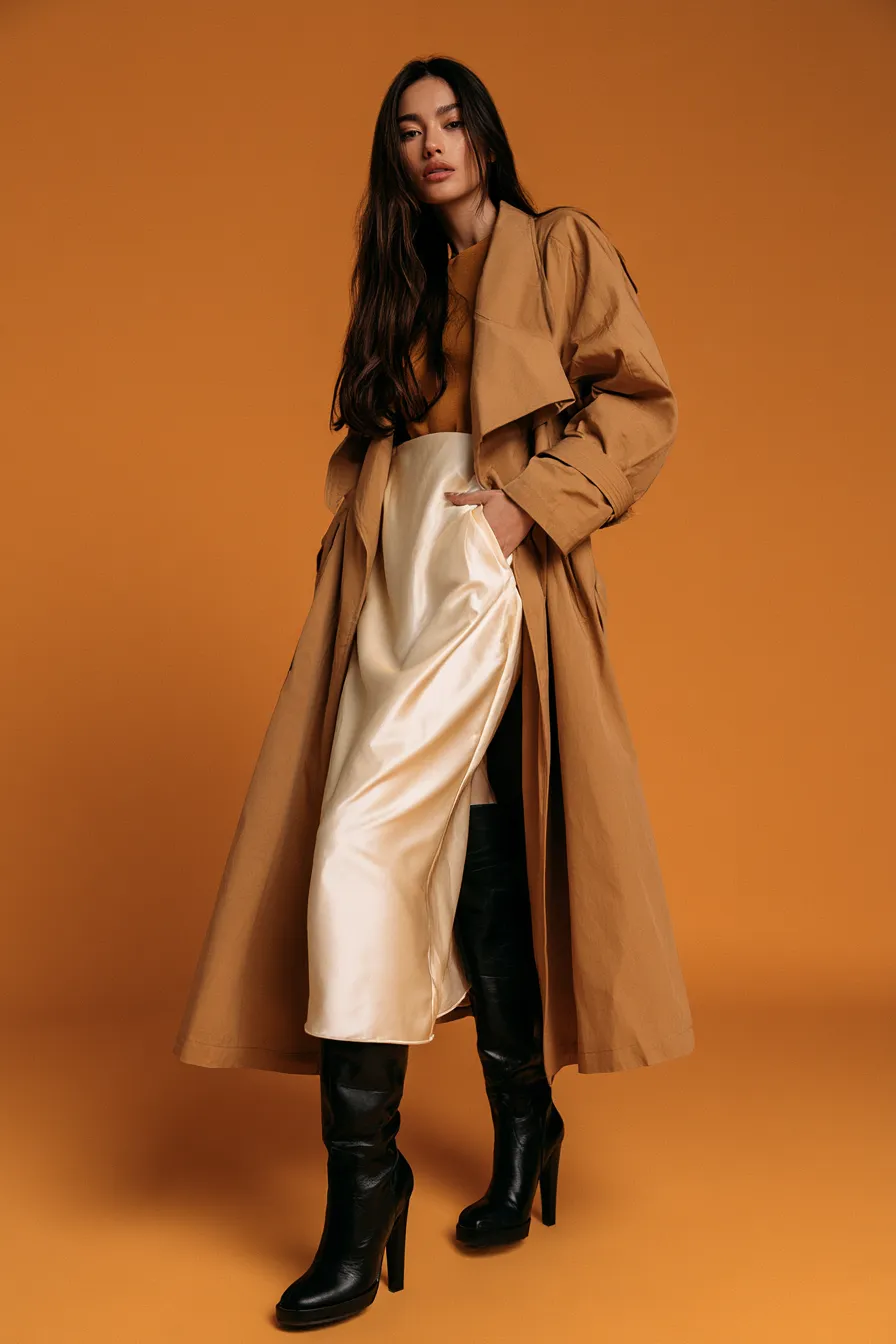 Falda midi invierno abrigo trinchera cropped sobre satén y botas