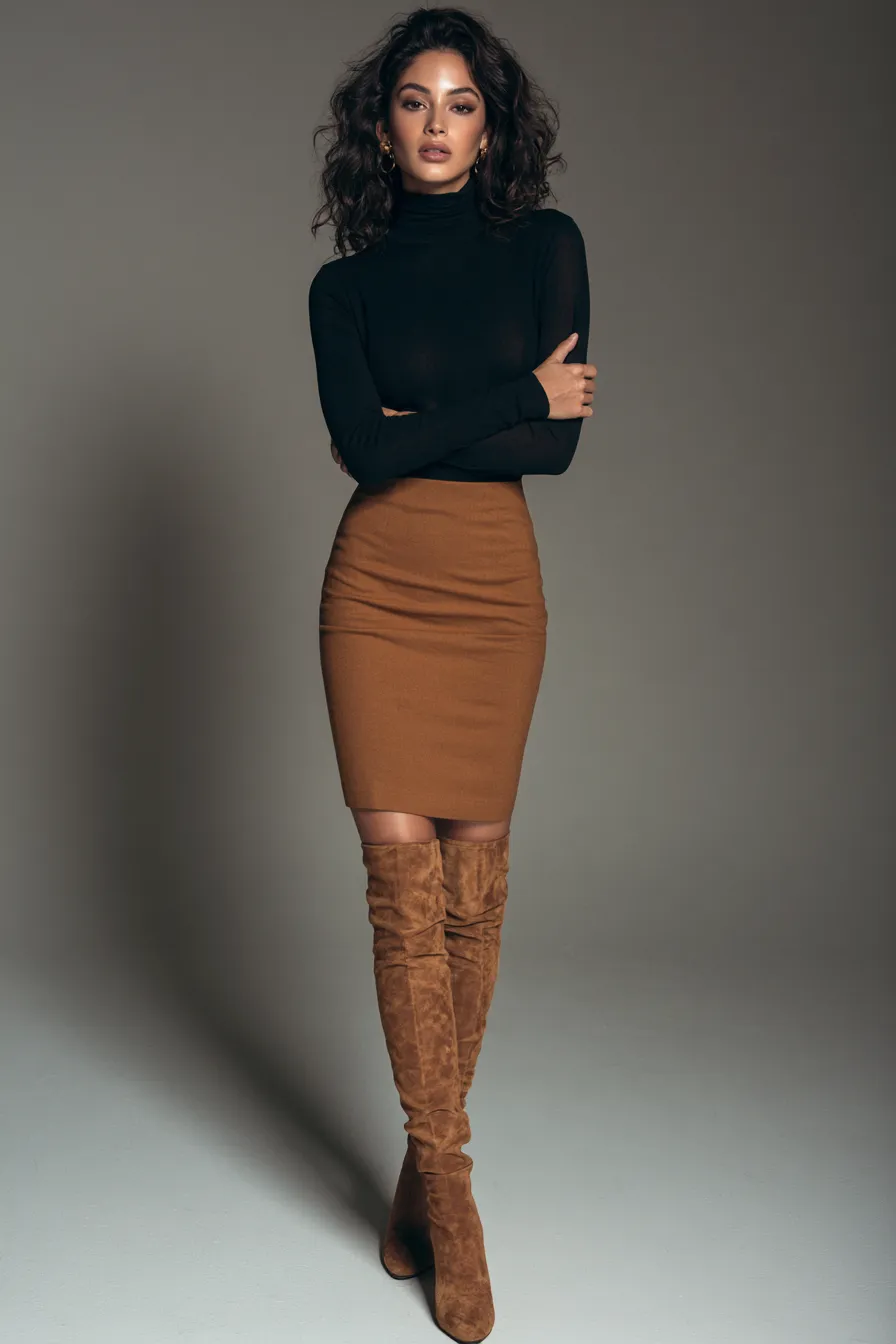 Falda midi invierno botas gamuza altas con tejido negro ajustado
