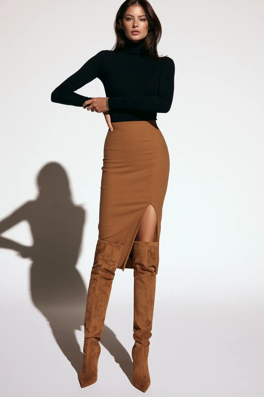 Cómo usar falda midi en invierno con botas altas cuello alto