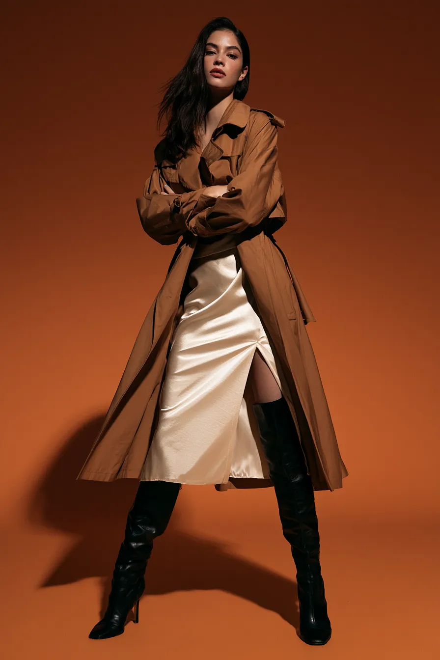 Falda midi satén editorial con trinchera invierno silueta elegante