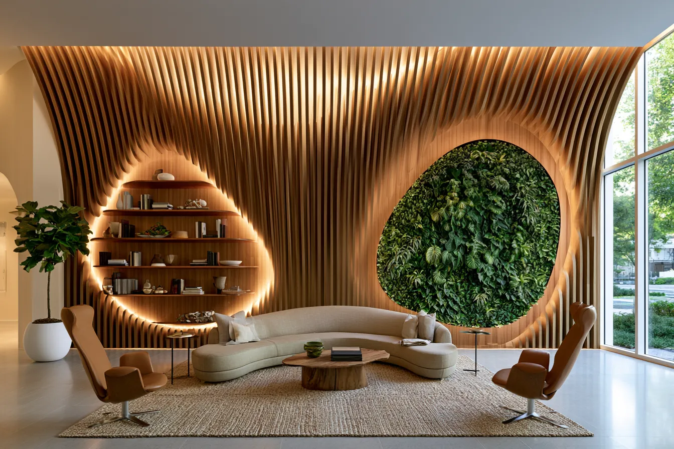 Nature-inspired residential lighting featuring warm ambient illumination and organic materials in a living room