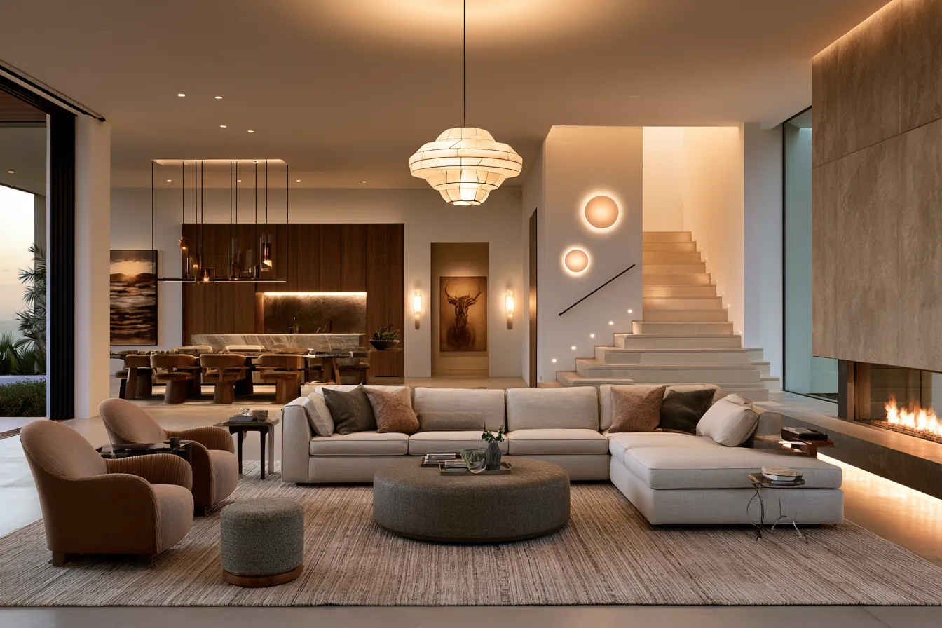Layered interior lighting in a modern open-plan living room with recessed ceiling lights and a geometric pendant fixture
