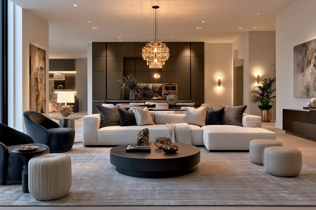 Warm residential lighting design combining ceiling recessed spots and a statement chandelier in a contemporary living space