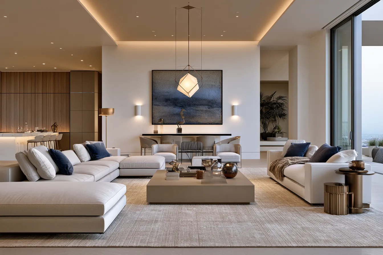 Home interior illumination featuring wall sconces and pendant lights in a mid-century modern living room