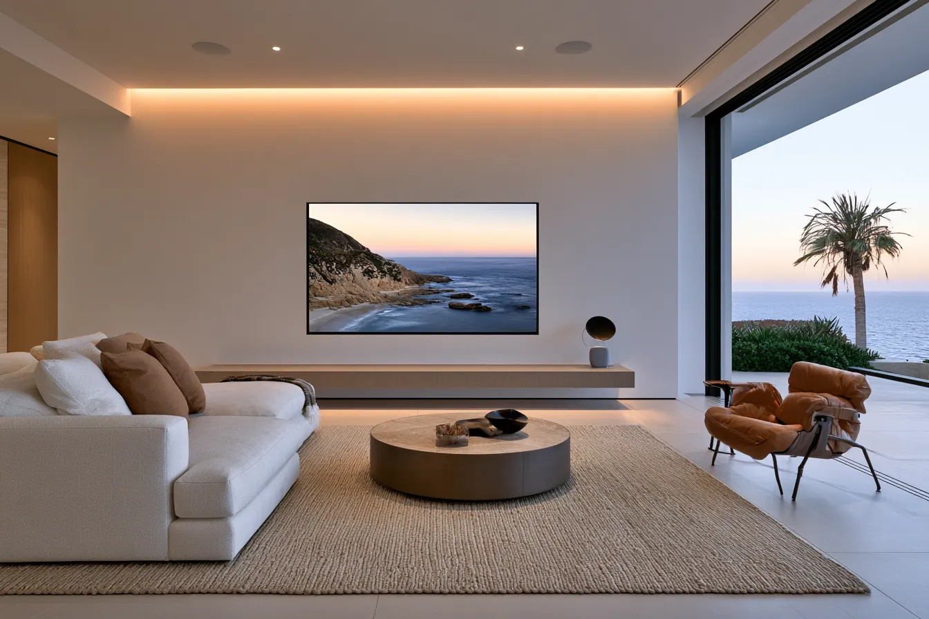 Smart interior lighting in a minimalist living room with voice-controlled LED strips and recessed ceiling spots