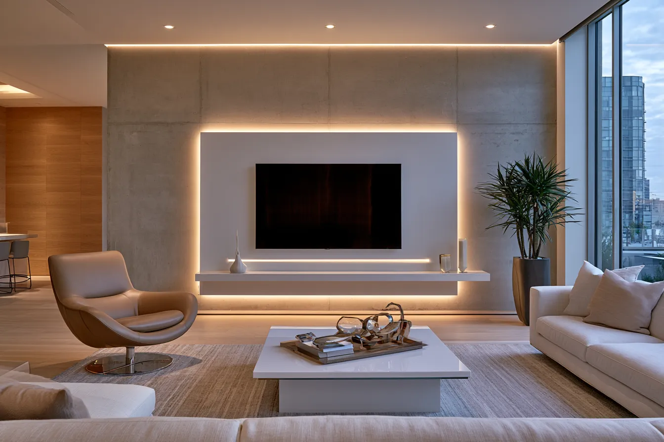 Automated home lighting system featuring programmable LED wall accents and warm ambient ceiling fixtures