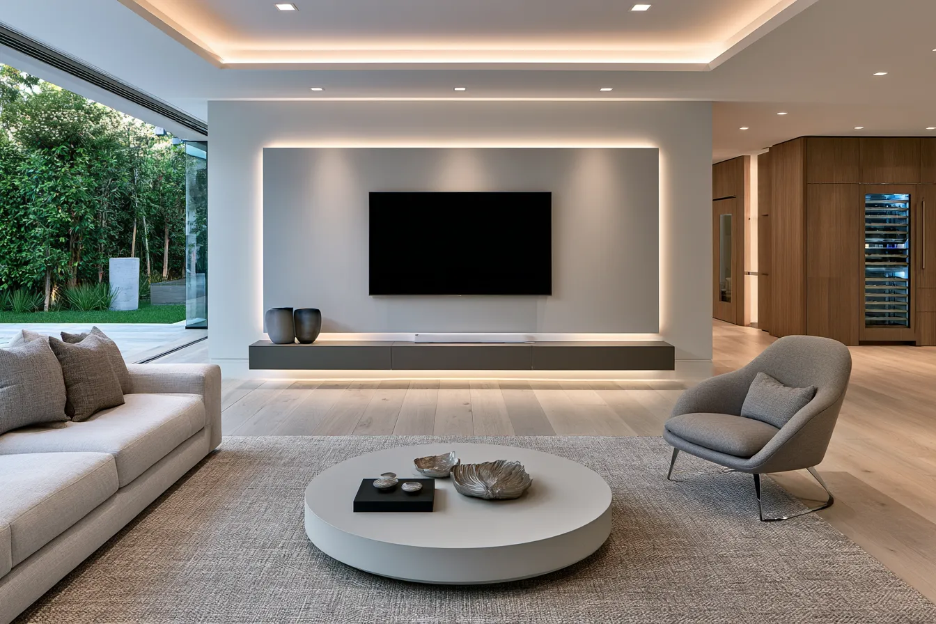 Voice-activated residential lighting design with floating TV panel illumination and smart ceiling downlights