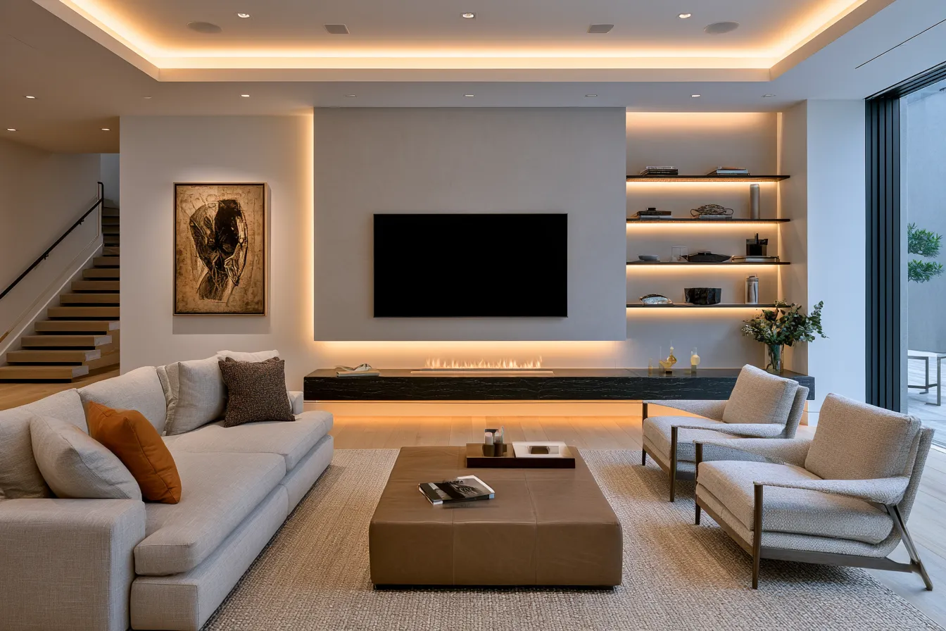 Intelligent interior illumination setup in a contemporary open-plan space with layered automated light sources