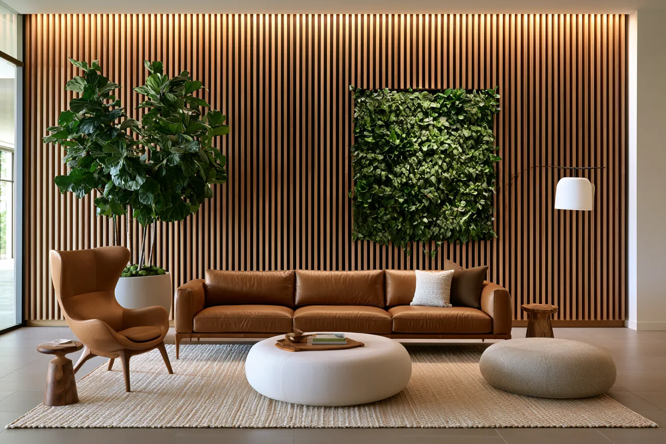Biophilic interior lighting design with warm dappled light filtering through slatted wood panels and live plant wall