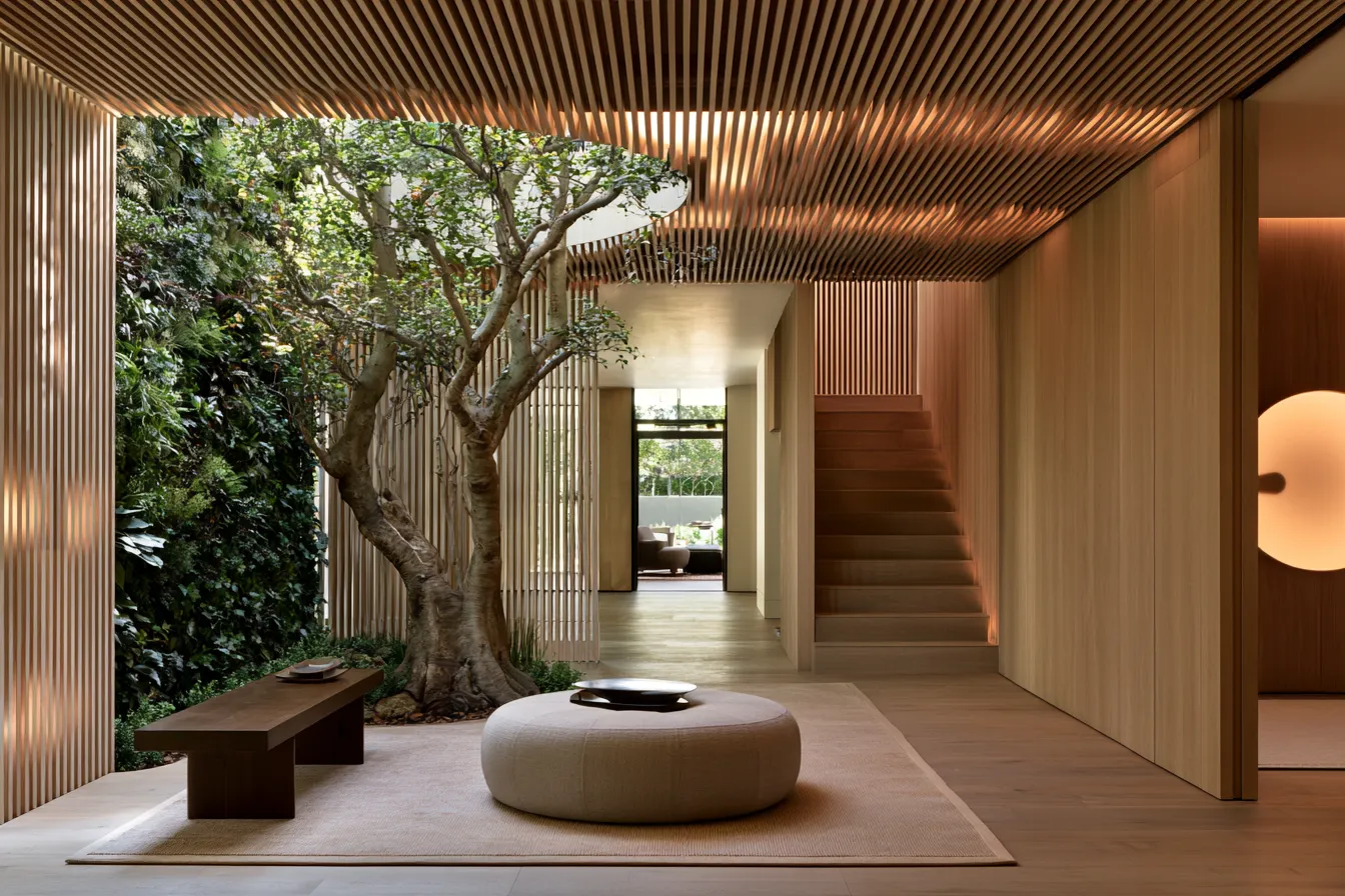 Circadian interior lighting scheme in a biophilic room with wood slats, greenery and layered warm fixtures