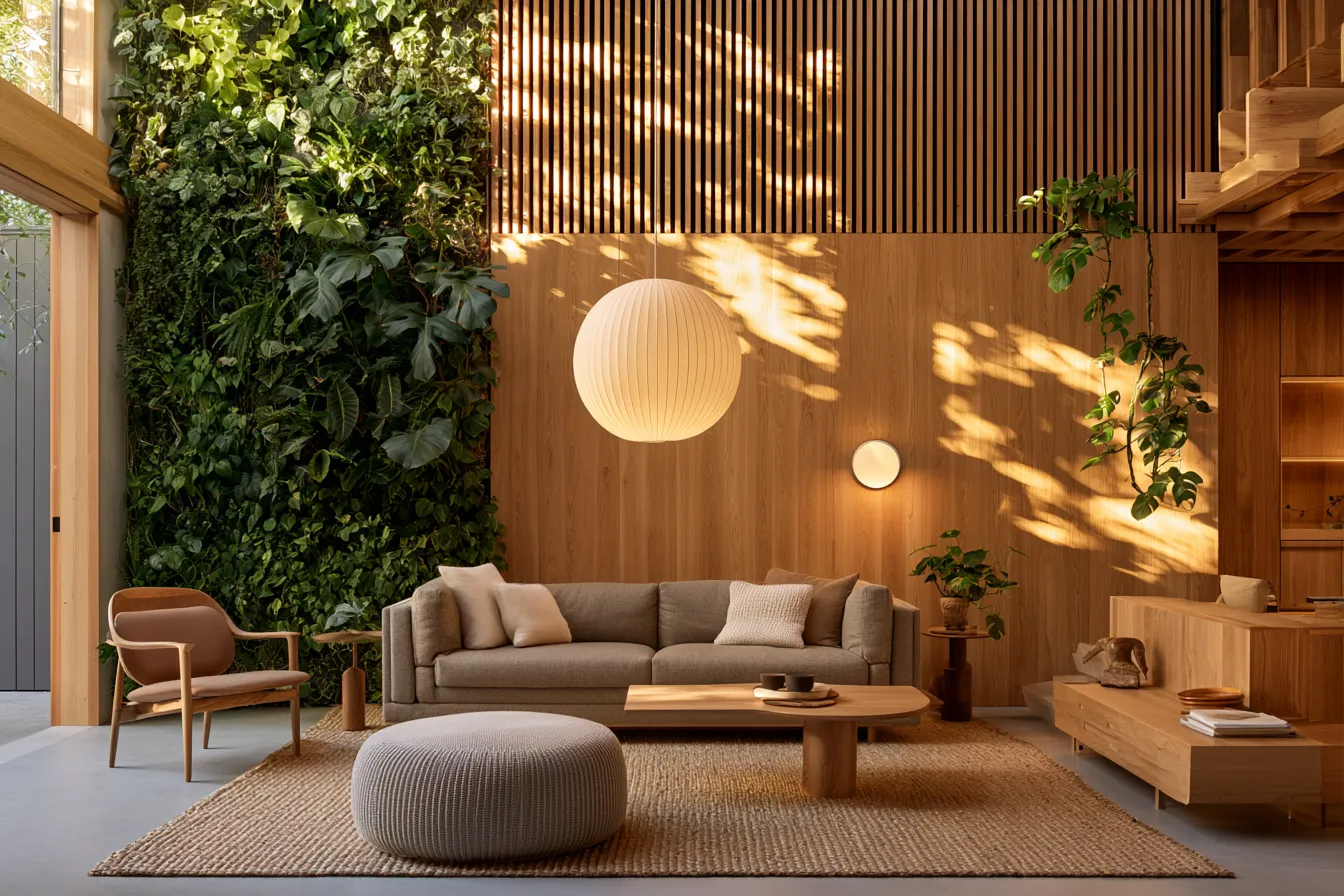 Soft natural-light interior illumination inside a biophilic home with plant walls and diffused ceiling lighting