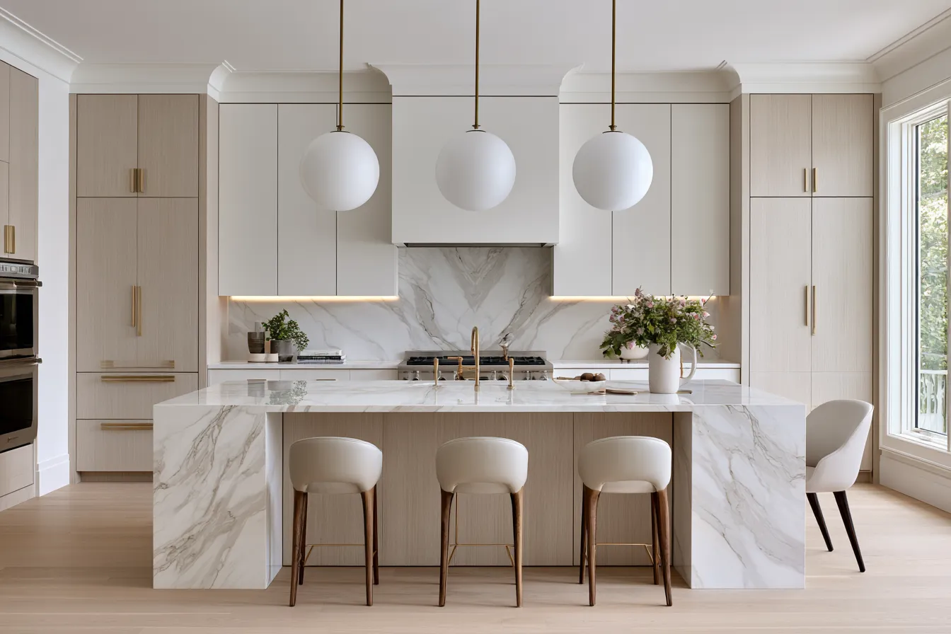 Designer kitchen illumination featuring statement island pendants and integrated under-cabinet light strips