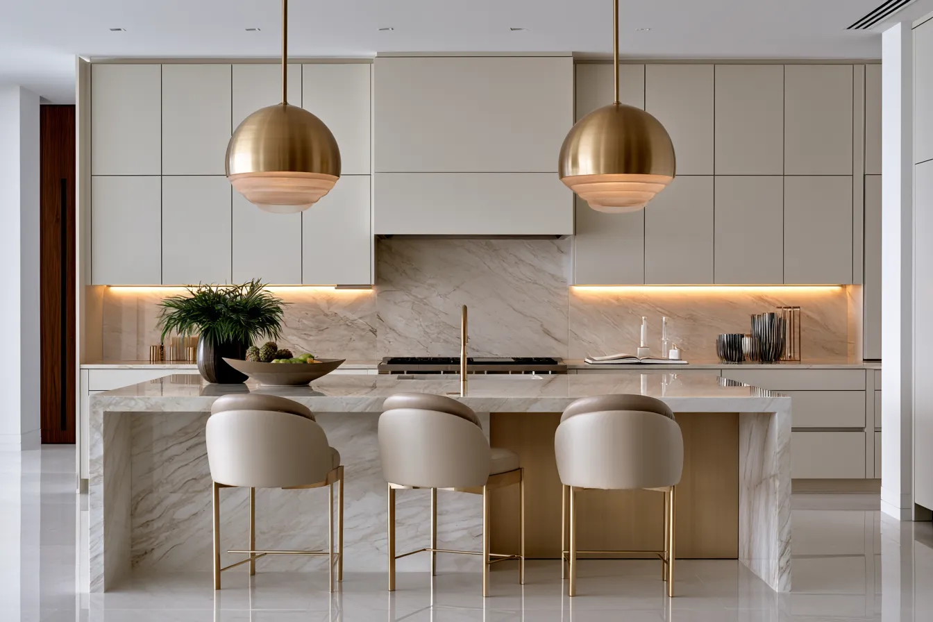 Modern kitchen lighting design with brass hanging fixtures over island and ambient ceiling fill light