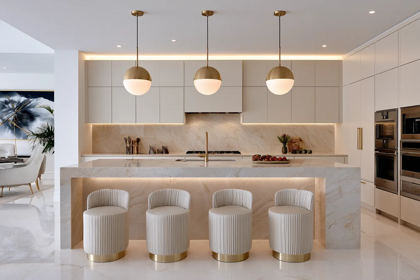 Layered kitchen interior lighting scheme combining pendant chandeliers, recessed spots and LED task strips