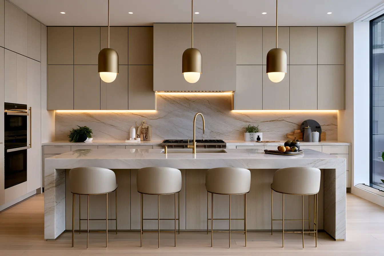 Pendant interior lighting over a marble kitchen island with warm brass fixtures and under-cabinet LED strips