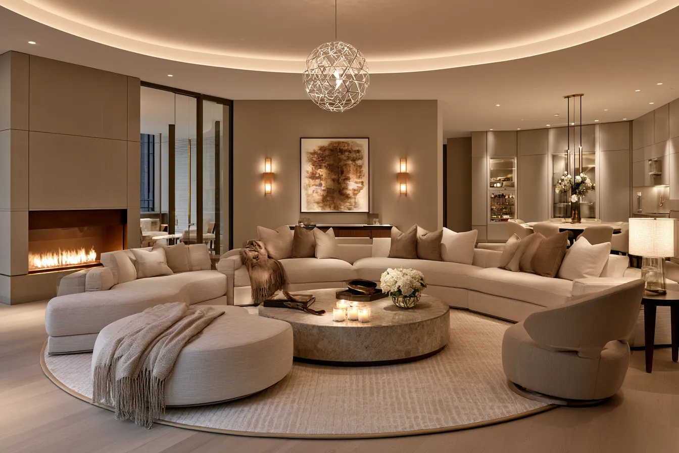 Ambient and accent lighting scheme inside a stylish open-concept living room with layered fixture types