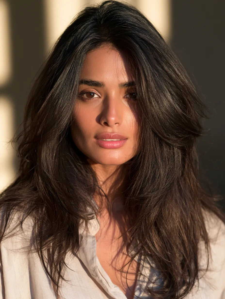 South Asian woman with glossy fine brown layered hair after japanese head spa home treatment