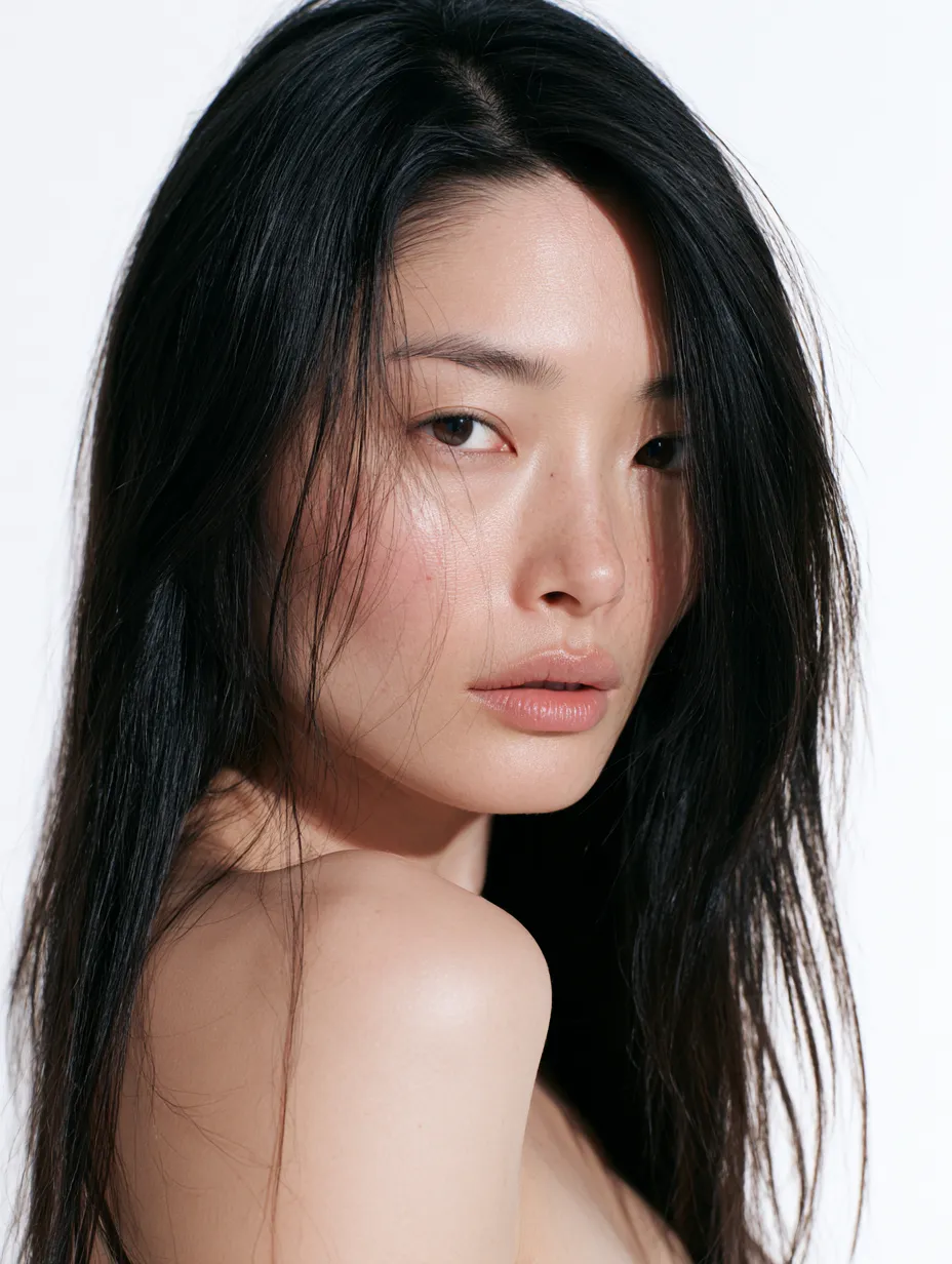 Japanese woman with glossy fine hair after japanese head spa at home treatment