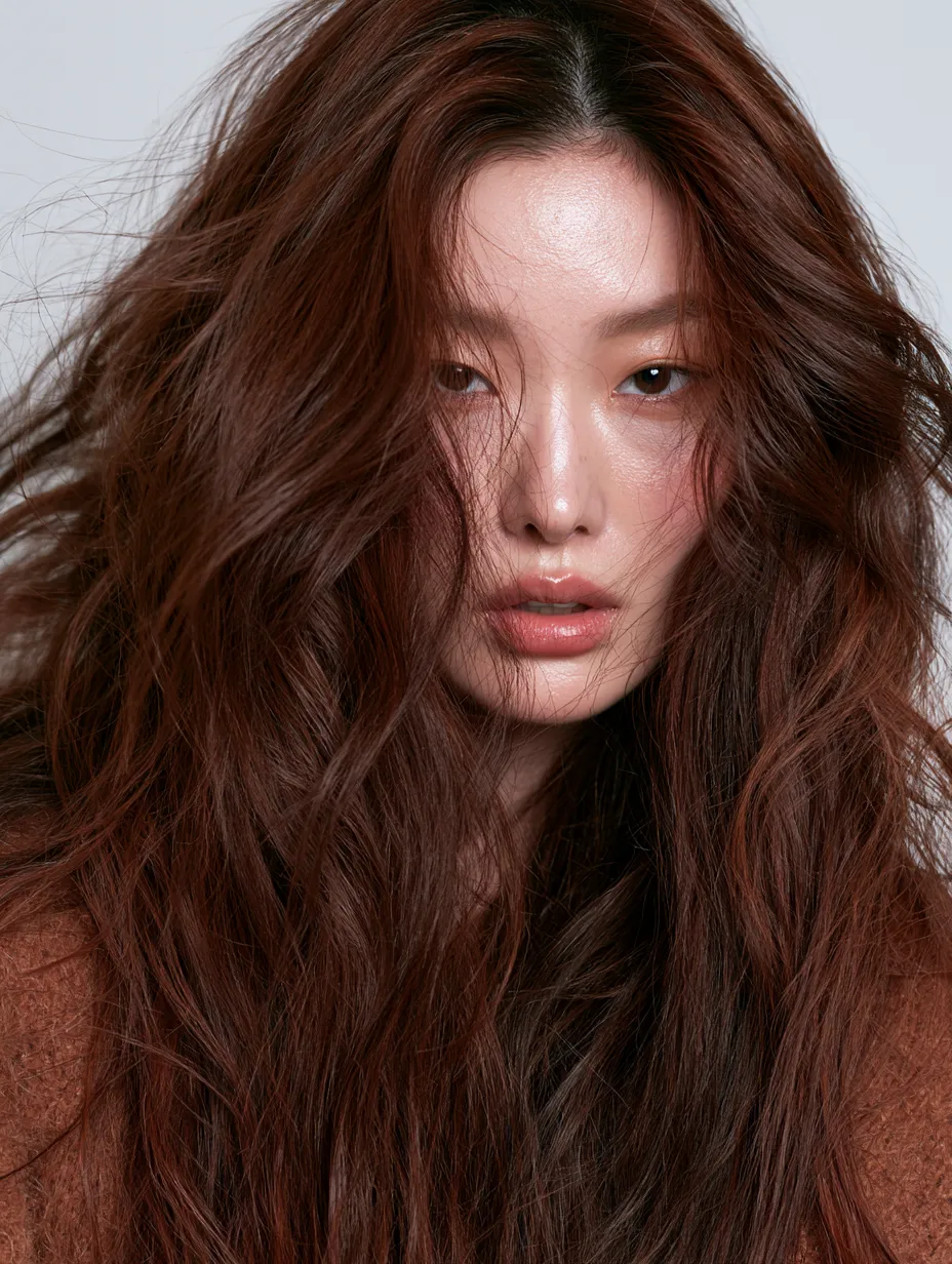 Korean woman with fine copper wavy hair after at-home japanese head spa step by step treatment