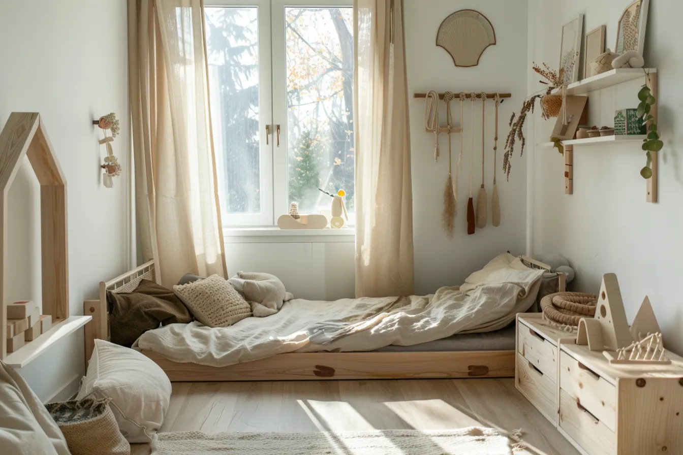 Bright kids room with Montessori floor bed and open wooden shelves in natural light