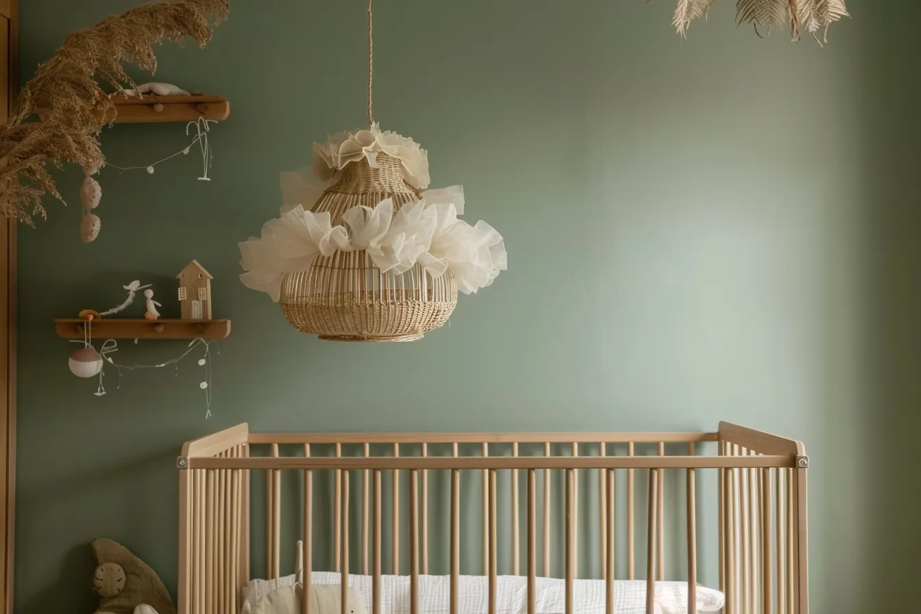Serene infant bedroom with rattan furniture and nature-inspired nursery decor