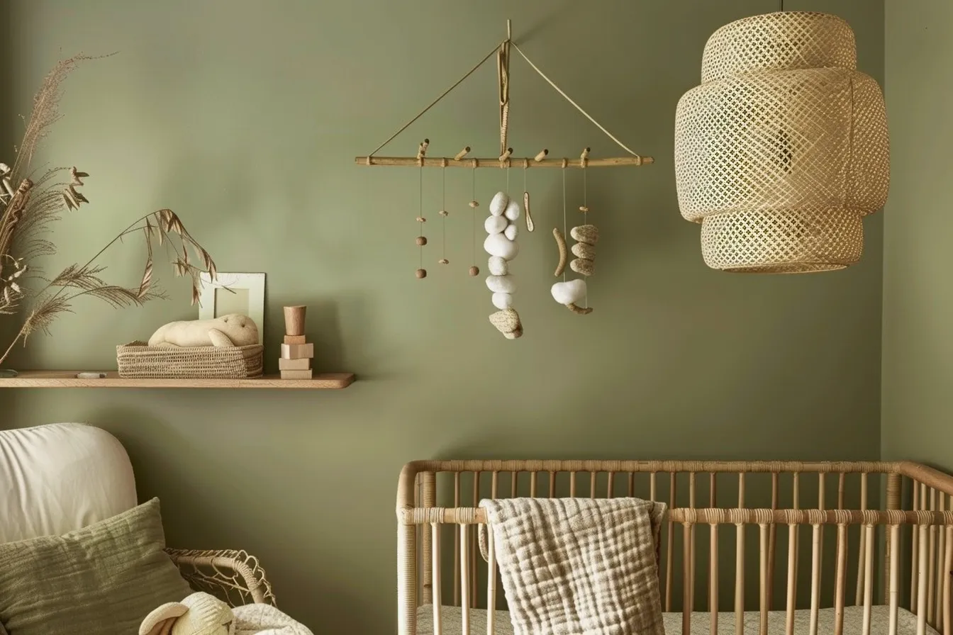 Gender-neutral nursery with sage green walls, rattan crib, and soft ambient lighting
