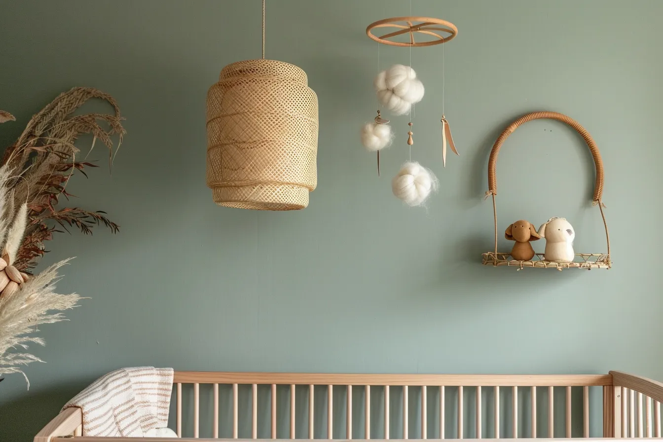 Calm newborn room interior with natural materials and neutral color palette