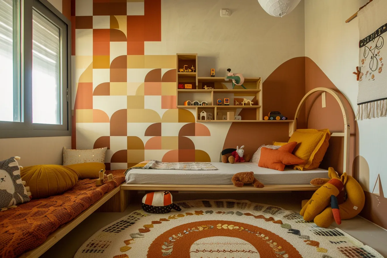 Playful bedroom for children with geometric wood art and colorful rug in natural daylight