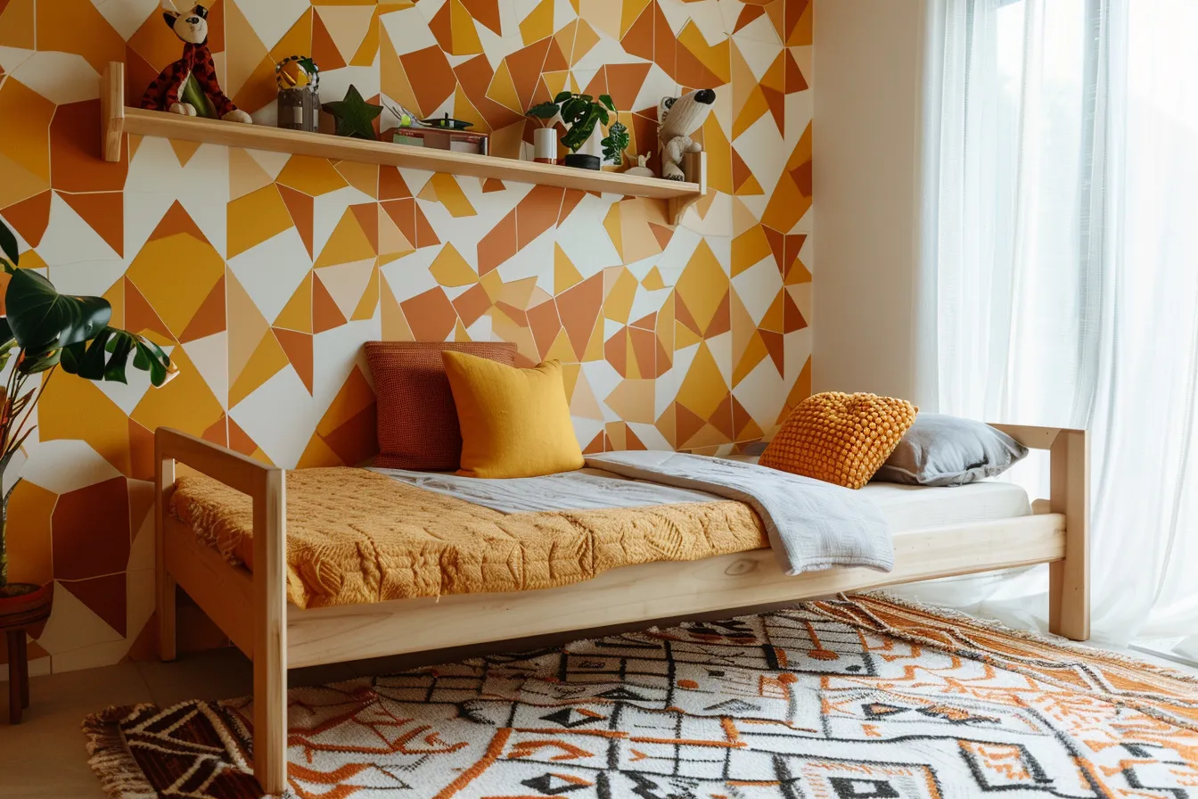 Vibrant kids room with bold geometric wallpaper and patterned area rug in warm tones