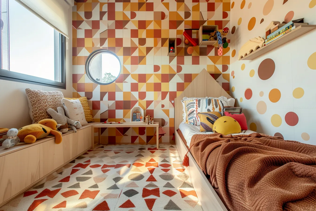 Children's bedroom interior featuring geometric wall decor and Montessori low bed