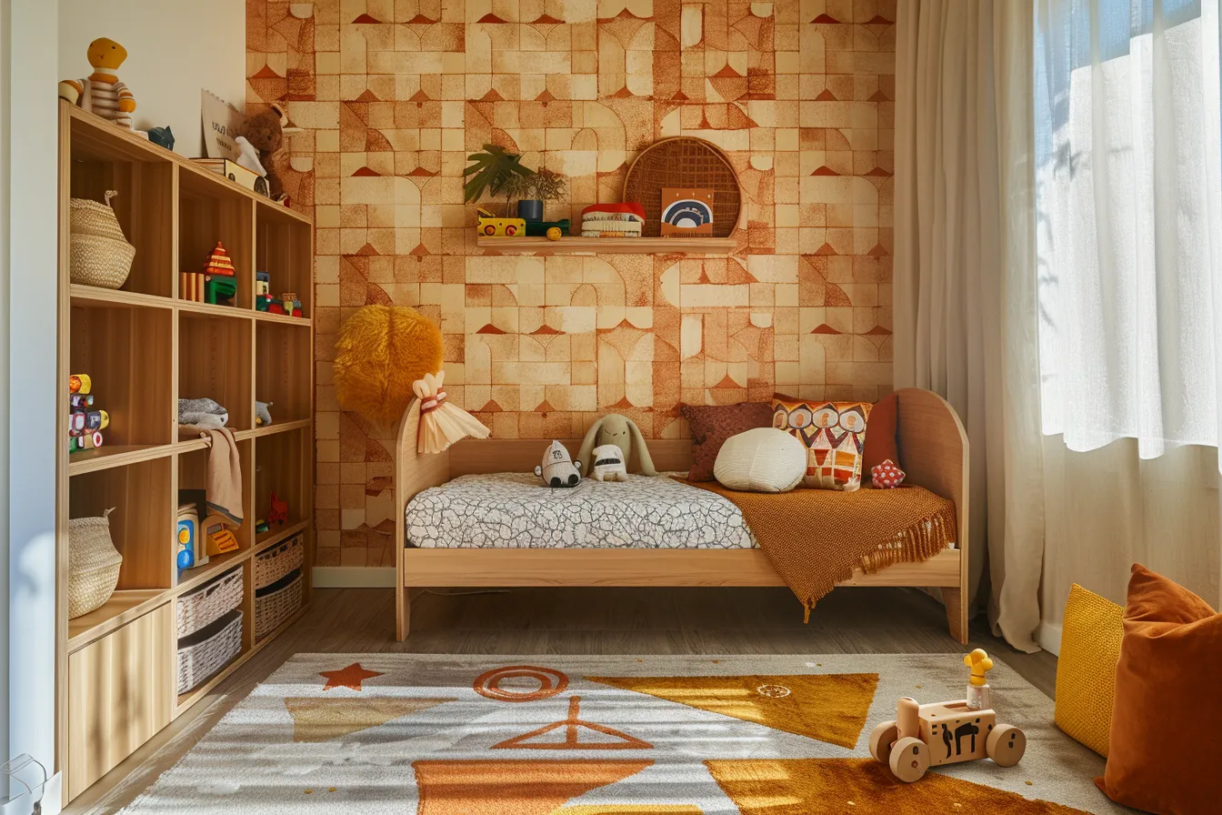 Creative kid's room design with mustard and terracotta geometric wallpaper pattern