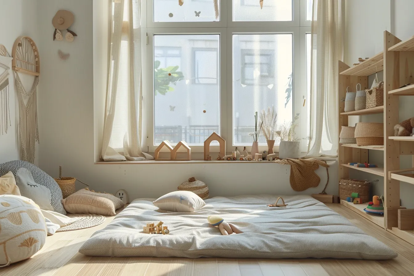 Well-organized children's bedroom interior with modular furniture and neutral textiles