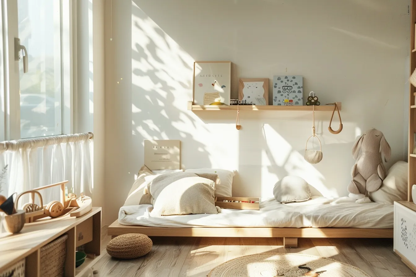 Modern kids bedroom design featuring open shelving and soft editorial lighting