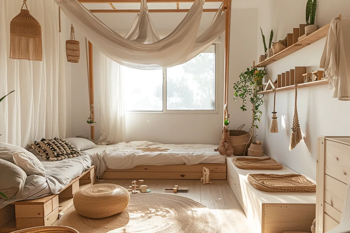Airy toddler room with natural wood furniture and linen bedding in a calm color palette